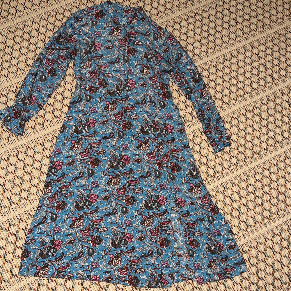 LOFT Blue Floral Long-Sleeve Maxi Dress with Pink Details